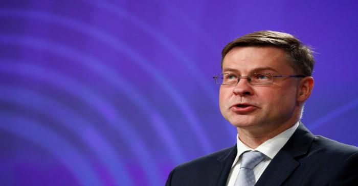 EU Commission Vice-President Dombrovskis holds a news conference in Brussels