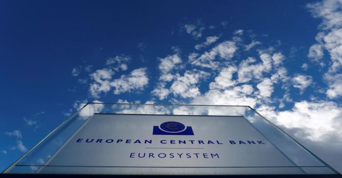 FILE PHOTO: Sign of the European Central Bank (ECB) is seen ahead of a news conference on the
