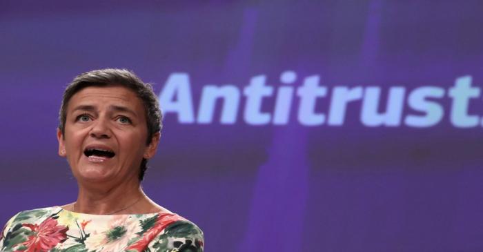 FILE PHOTO: European Competition Commissioner Margrethe Vestager addresses a news conference on