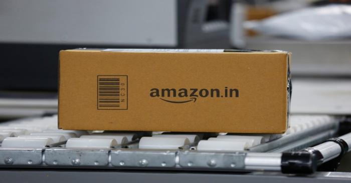 A shipment moves on a conveyor belt at an Amazon Fulfillment Centre (BLR7) on the outskirts of