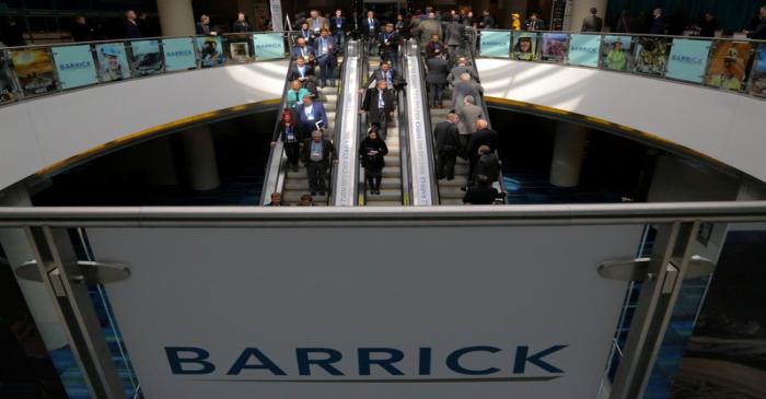 FILE PHOTO: The logo of sponsor Barrick Gold Corporation is seen as visitors arrive during the