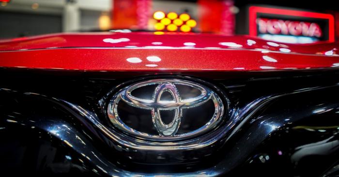 A logo of Toyota is pictured at Bangkok Auto Salon 2019 in Bangkok