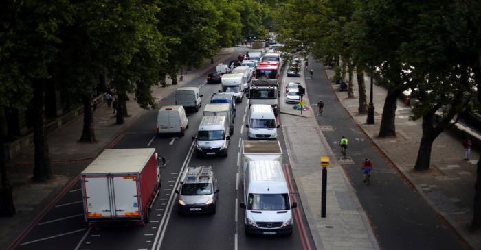 Cars sit in a traffic jam along the Embankment during the morning rush hour in central London