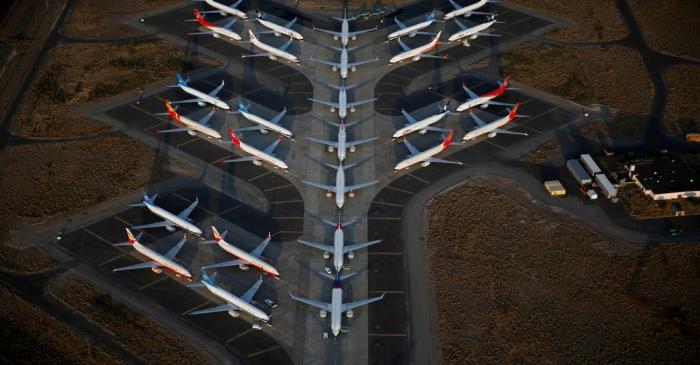 An aerial photo shows Boeing 737 MAX aircraft at Boeing facilities at the Grant County