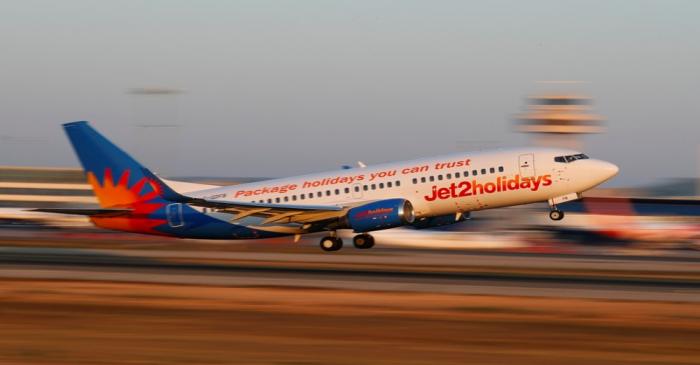 A Jet2 Boeing 737 airplane takes off from the airport in Palma de Mallorca