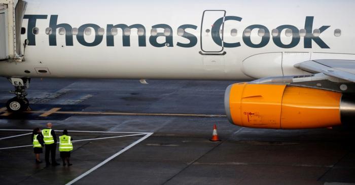FILE PHOTO: A grounded airplane with the Thomas Cook livery is seen at Manchester Airport