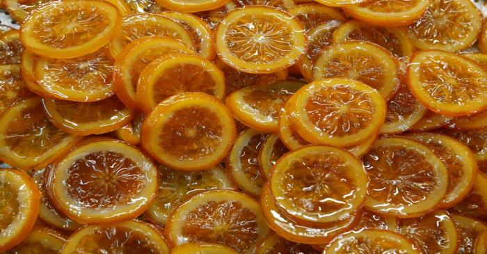 Candied slices of orange are seen before export to Japan at the Cruzilles factory in