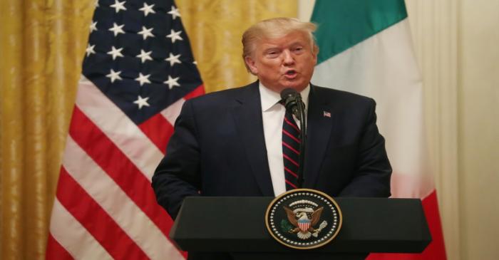 U.S. President Donald Trump speaks during a joint news conference with Italy's President Sergio