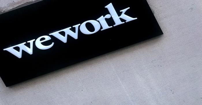 A WeWork logo is pictured in the Manhattan borough of New York City