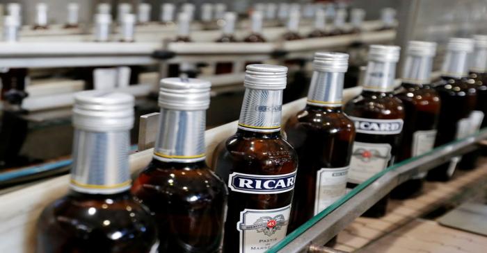 Bottles of Ricard's aniseed-flavoured beverage are pictured at the Ricard manufacturing unit in