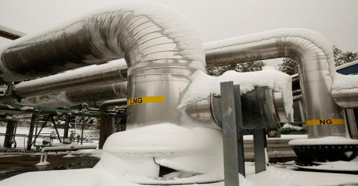 Snow covered transfer lines are seen at the Dominion Cove Point Liquefied Natural Gas terminal