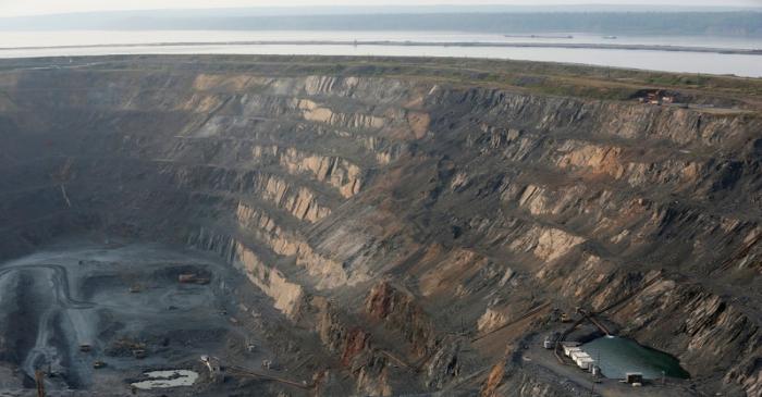 General view shows open-pit mine of Gorevsky GOK lead and zinc ore mining and processing plant