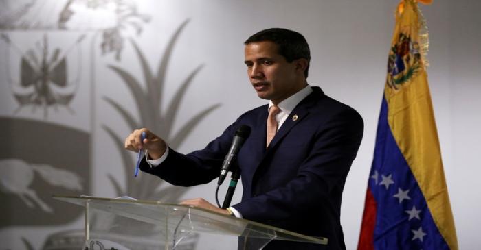 Venezuelan opposition leader Juan Guaido, takes part in a news conference in Caracas