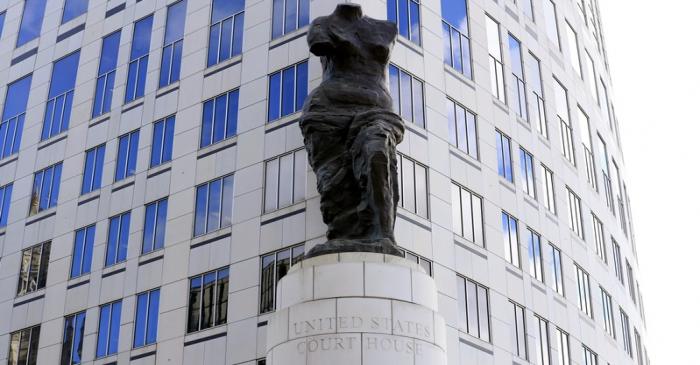 A view of the statue standing in front of the U.S. District Courthouse in Cleveland