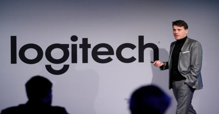 CFO Pilette of the computer peripherals maker Logitech addresses a news conference in Zurich