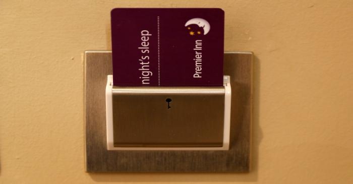 An electronic key card is seen at a Premier Inn hotel in Liverpool