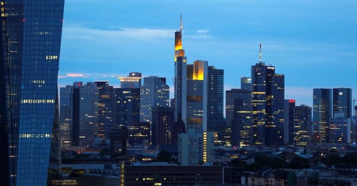 The skyline with its banking district is photographed in Frankfurt