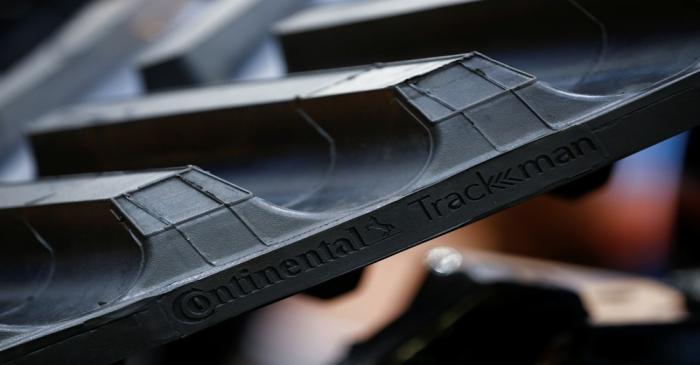 The logo of a Continental Trackman rubber track is pictured in Hanover