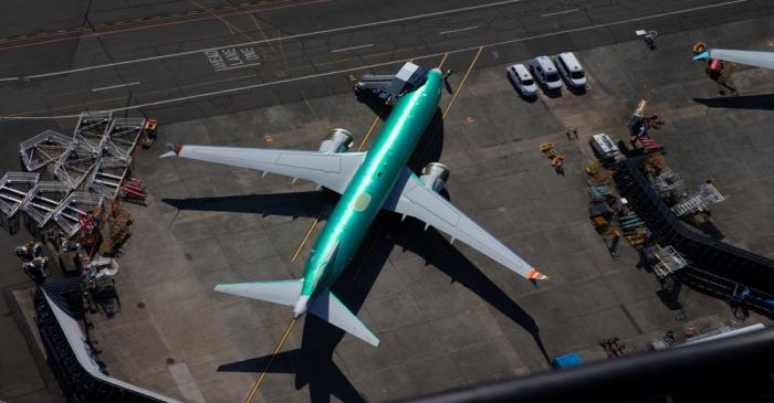 An unpainted Boeing 737 MAX aircraft is seen parked in an aerial photo at Renton Municipal