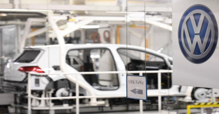 VW Golf cars are pictured in a production line at the plant of German carmaker Volkswagen in