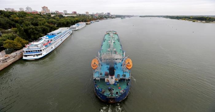FILE PHOTO: An oil tanker sails along the Don River in Rostov-on-Don