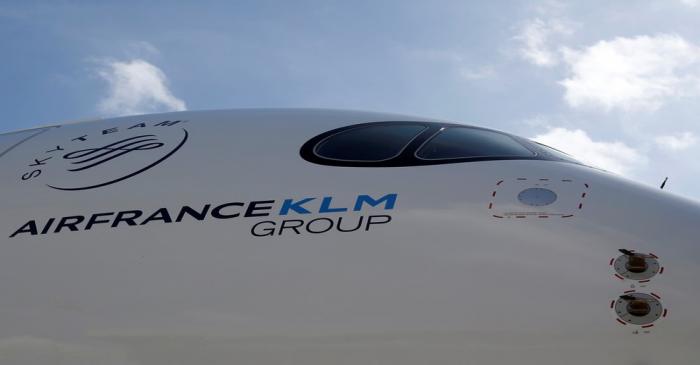 Logo of Air France KLM Group is pictured on the first Air France airliner's Airbus A350 during