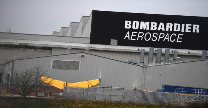 FILE PHOTO: A Bombardier logo is seen at the Bombardier plant in Belfast