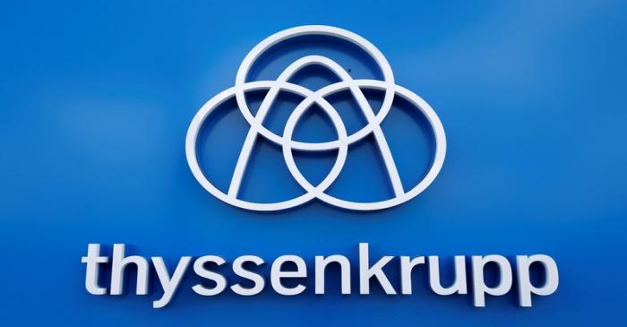 Thyssenkrupp's logo is seen close to the elevator test tower in Rottweil