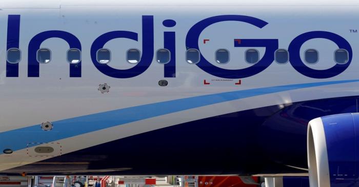 The logo of IndiGo Airlines is pictured on passenger aircraft on the tarmac in Colomiers near
