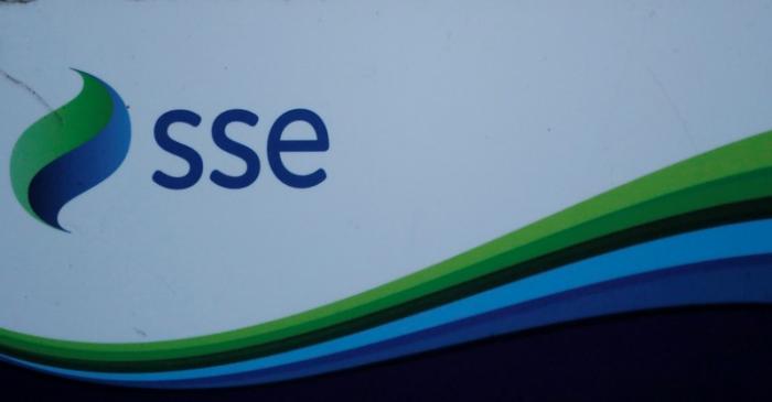 An SSE company logo is seen on signage outside the Pitlochry Dam hydro electric power station