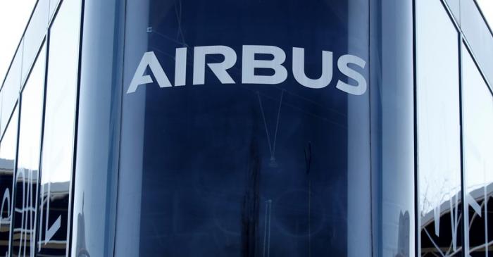 The Airbus logo is pictured at Airbus headquarters in Blagnac near Toulouse