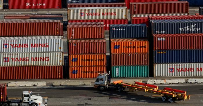 FILE PHOTO: Shipping containers are pictured at Yusen Terminals at thew Port of Los Angeles