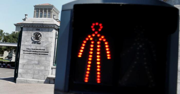 A pedestrian sign is pictured outside the WTO in Geneva