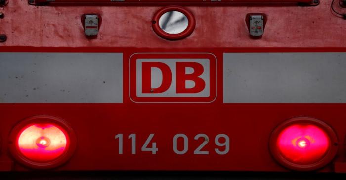 A locomotive engine of German railway Deutsche Bahn is seen at the main train station in