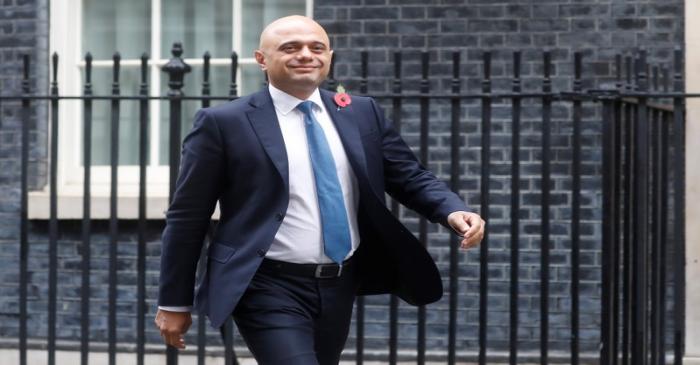Britain's Chancellor of the Exchequer Sajid Javid is seen on Downing Street in London