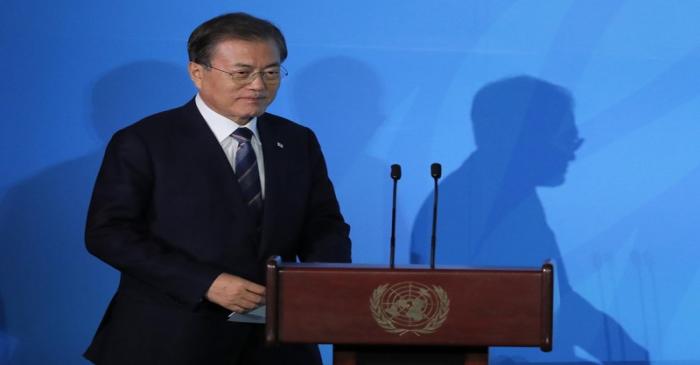 South Korea's President Moon Jae-in arrives to speak during the opening of the 2019 United
