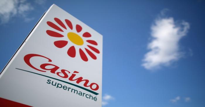 FILE PHOTO: A logo of French retailer Casino is pictured outside a Casino supermarket in Nantes