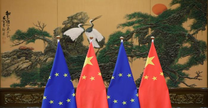 Flags of European Union and China are pictured during the China-EU summit in Beijing