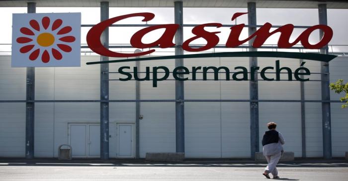 FILE PHOTO: A logo of French retailer Casino is pictured outside a Casino supermarket in Nantes
