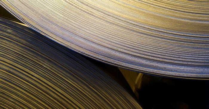 Steel rolls are lined up at the ArcelorMittal steel plant in Sestao
