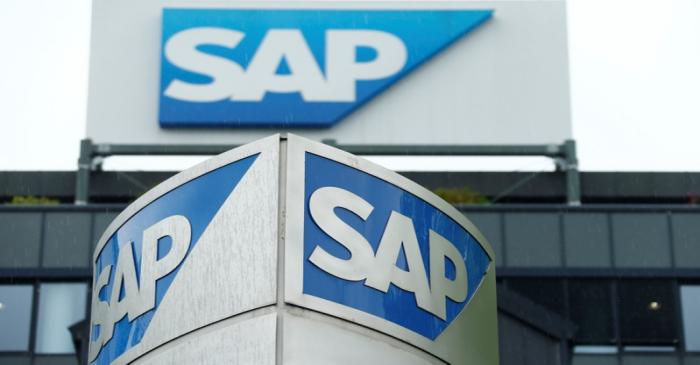 FILE PHOTO: The logo of German software group SAP is pictured at its headquarters in Walldorf