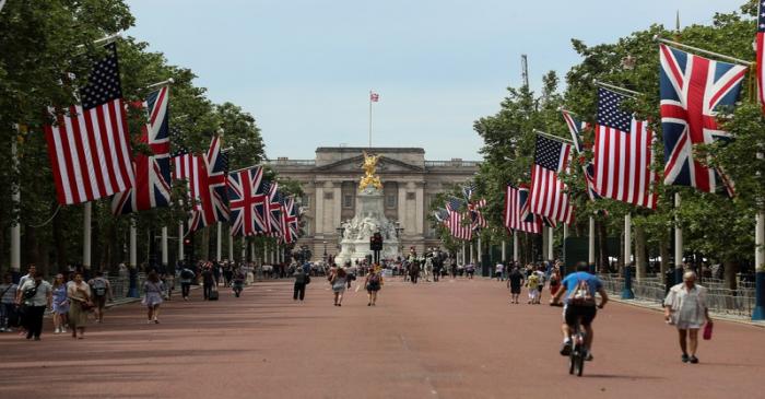 U.S. and British flags stretch along The Mall towards Buckingham Palace in central London in