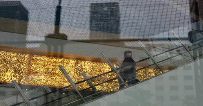 Woman rides an escalator inside a shopping mall at the CBD in Beijing