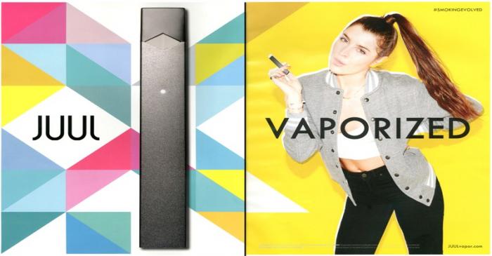 A screenshot shows 2015 advertising for Juul products displayed in a print magazine