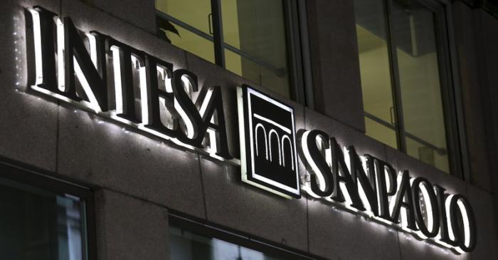 File photo of the Intesa Sanpaolo logo seen in Milan