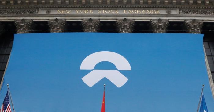 Chinese electric vehicle start-up NIO Inc. logo is on display in front of the NYSE to celebrate