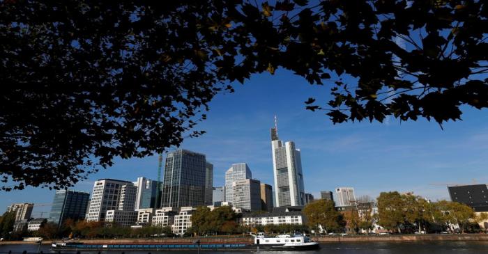 The skyline with its banking towers is photographed on a sunny autumn afternoon in Frankfurt