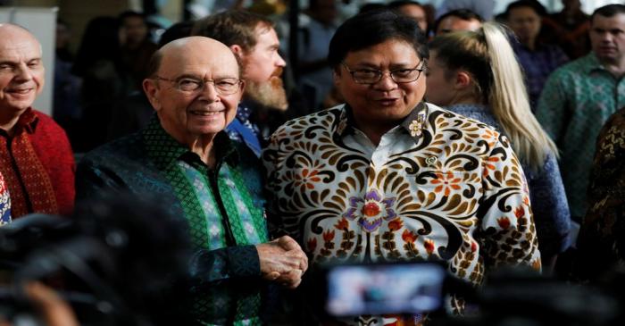 U.S. Commerce Secretary Wilbur Ross shakes hands with Indonesia's Chief Economic Minister