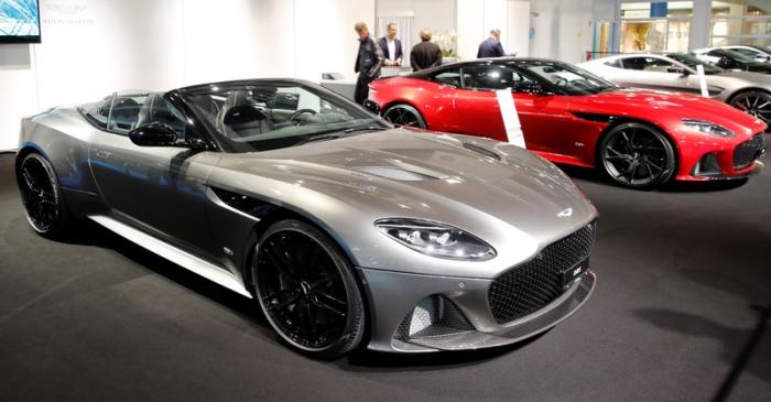 Aston Martin DBS Superleggera Volante convertible sports car is displayed in Zurich