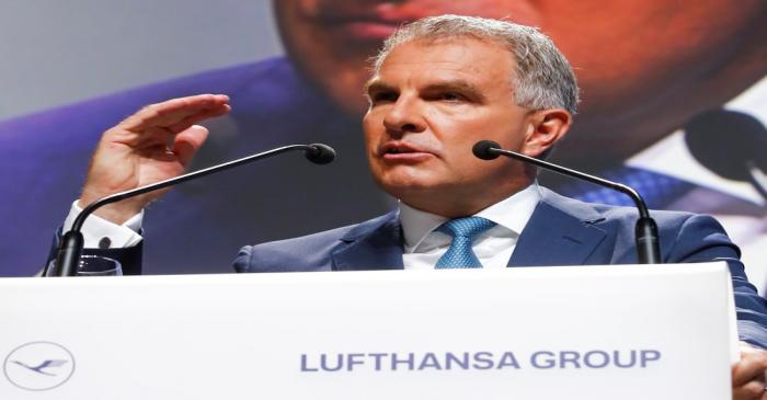 Carsten Spohr, CEO of German airline Lufthansa AG speaks at the company's annual shareholder